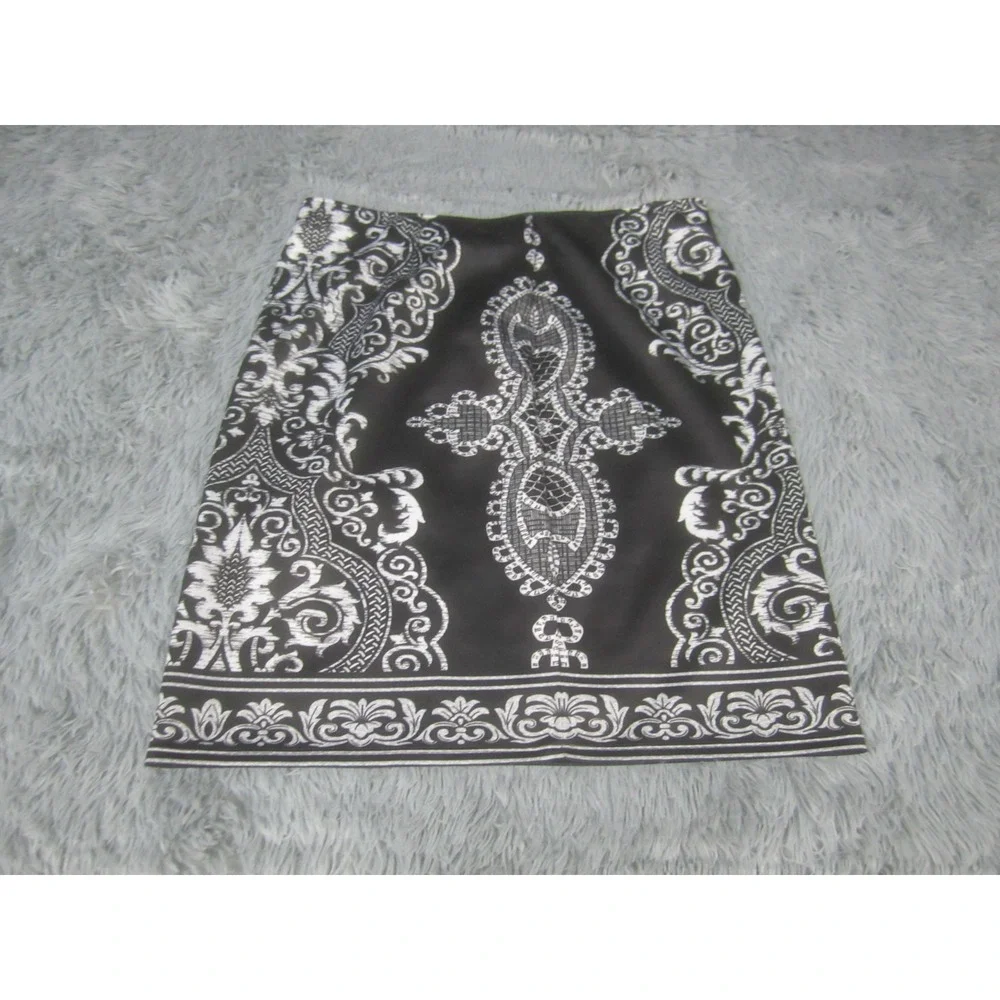 Womens Valerie Stevens XL Black White Patterned Mini Pencil Skirt Ornate Baroque